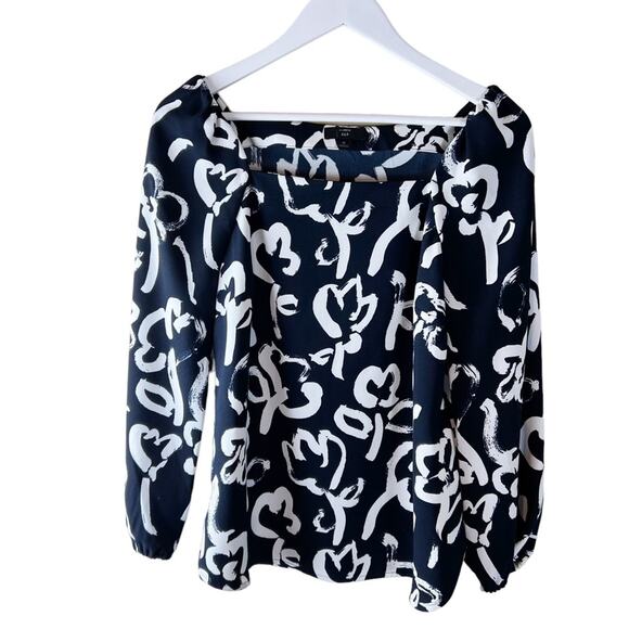 J Crew Floral Brush Stroke Top Sz 6 Crepe Navy Ivory Puff Sleeves Square Neck‎ - Picture 5 of 11